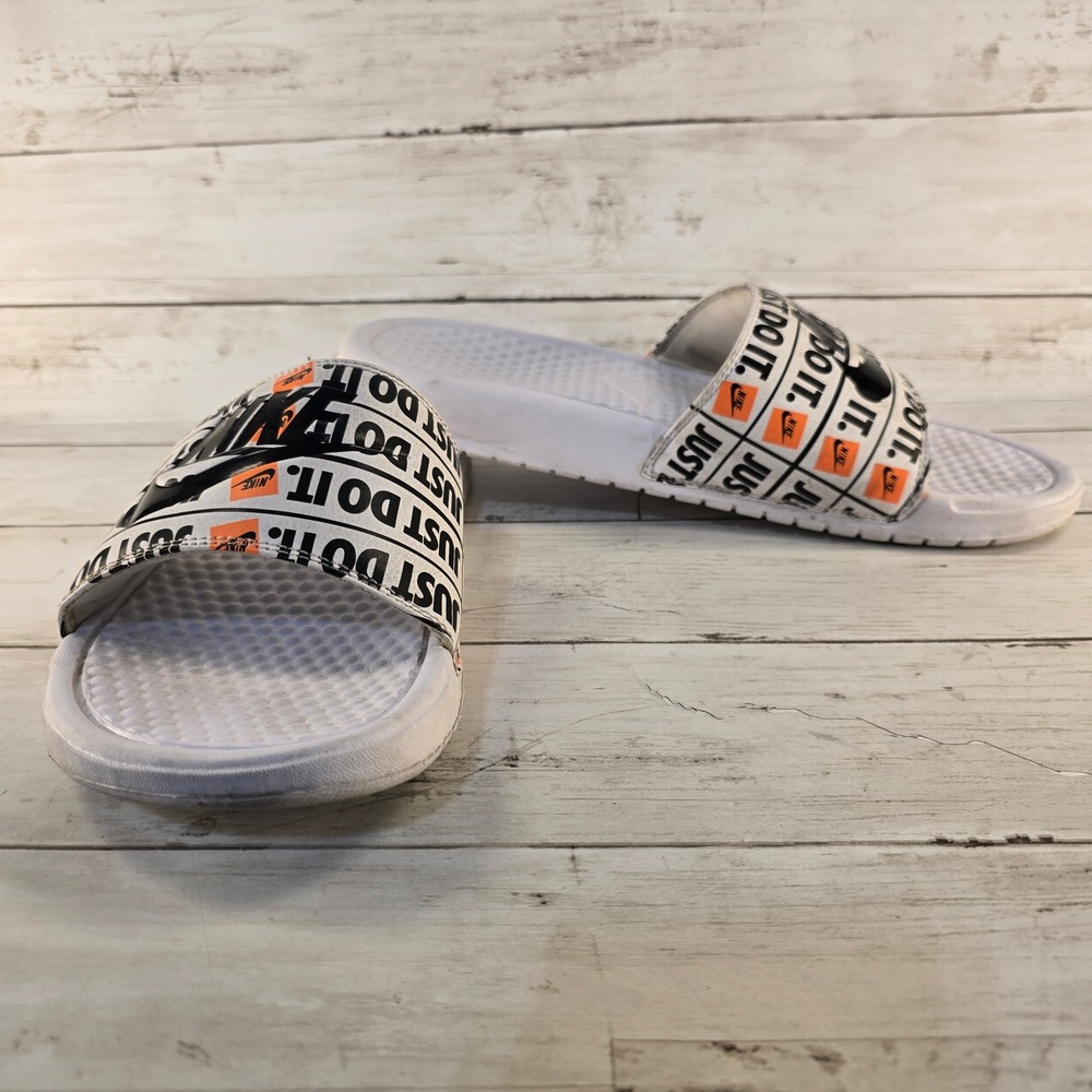 Nike Benassi JDI Just Do It Slides White Black Orange 631261-102 Mens 9